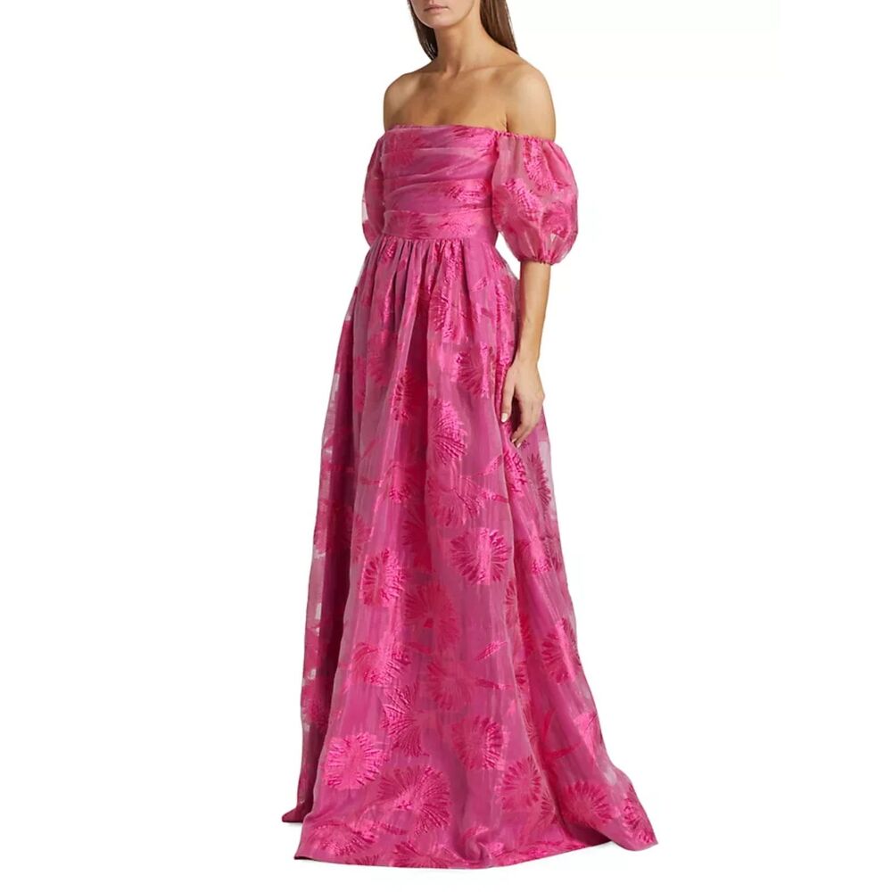 ML Monique Lhuillier Organza Jacquard Off-The-Shoulder Gown Size 12